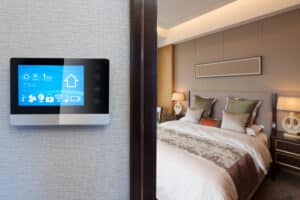 smart screen on wall in modern luxury bedroom